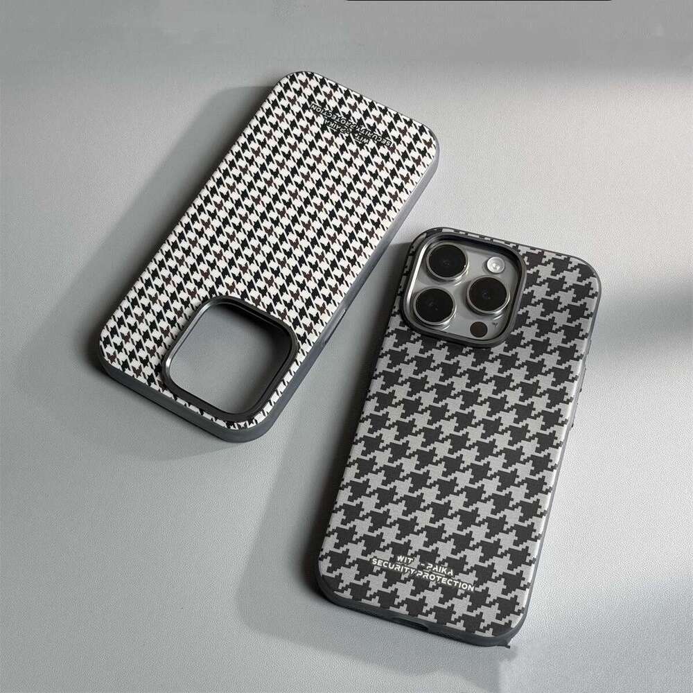 DHgargets Compatible iPhone 16 Pro Max Case Houndstooth Texture Skin Feel PC Magnetic Apple 14 Shockproof Protective Cover 15