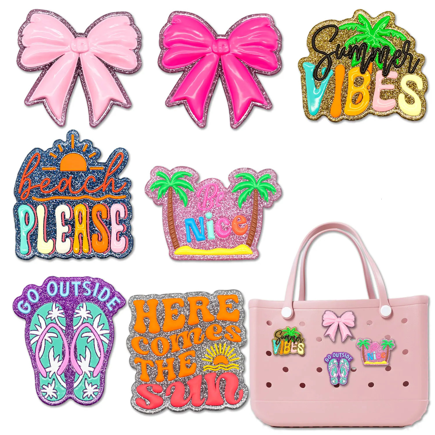 17pcs Bling Bow Charms For Beach Bag Accessories Slippers Handbag Decoration Palm Tote 250908