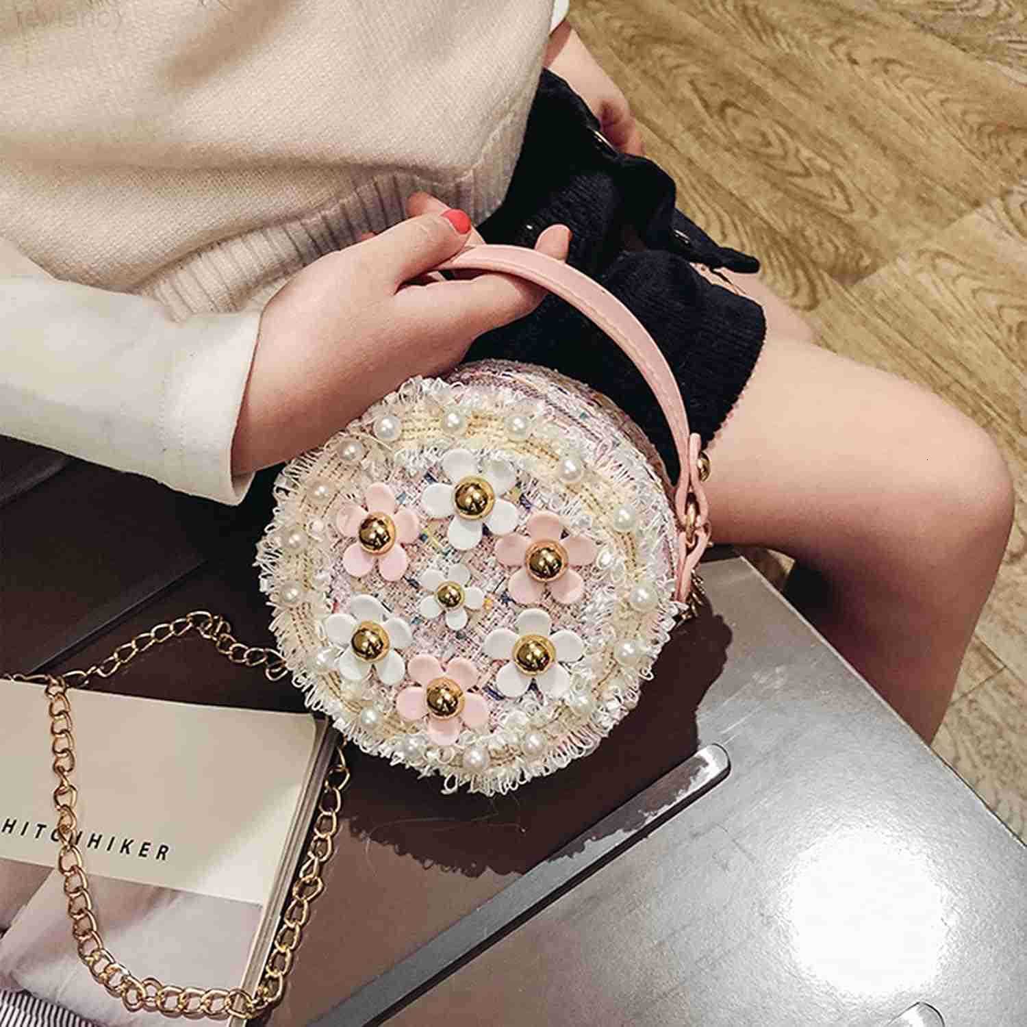 Little Girls Toddler Crossbody Purse with Pearl Flowers Mini Cute Princess Handbags Shoulder Chain BagW250908