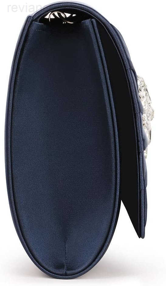 Evening Bags For Women Pleated Satin Rhinestone Brooch Prom Clutch Purse With Detachable Chain Strap Deep Navy BlueW250908