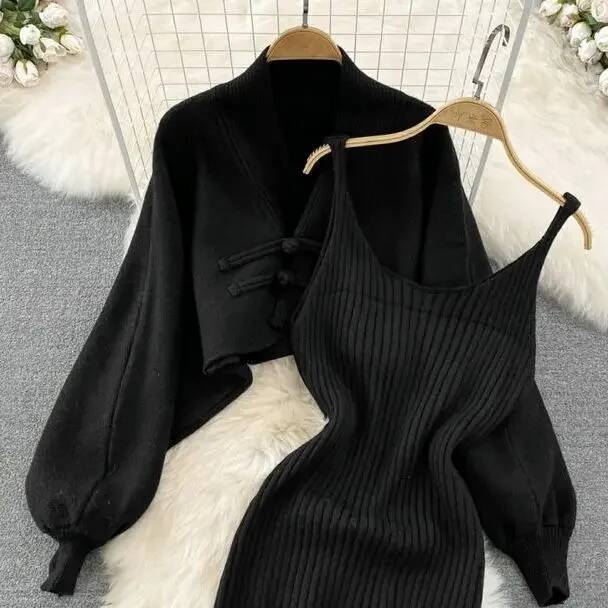 2025 Solid Color Knitted Set with Lace up Cardigan Trendy Women's Sweater Coat Vest Dress Two Piece Set Women's Clothing Autumn/Winter New D