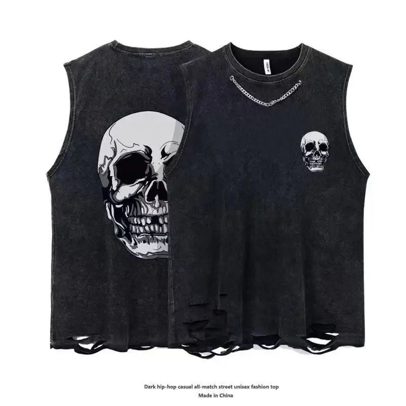 Y2K Men Clothing USA Style Street Skull Print Cotton Vest Sleeveless Tshirt Summer Man Casual Sports Fitness Tank Top Techwear 250907