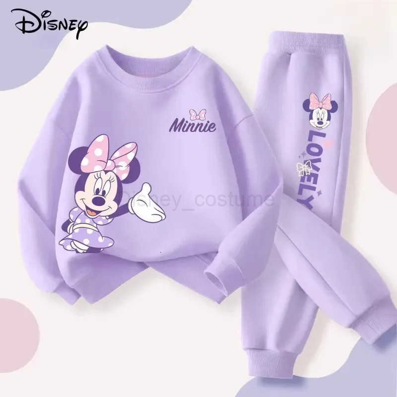 Disney 2025 Spring Autumn Childrens Clothing Sets Minnie Print Baby Girls Pullover Pant 2pcs Set Breathable Thin Kids Tracksuit H250908