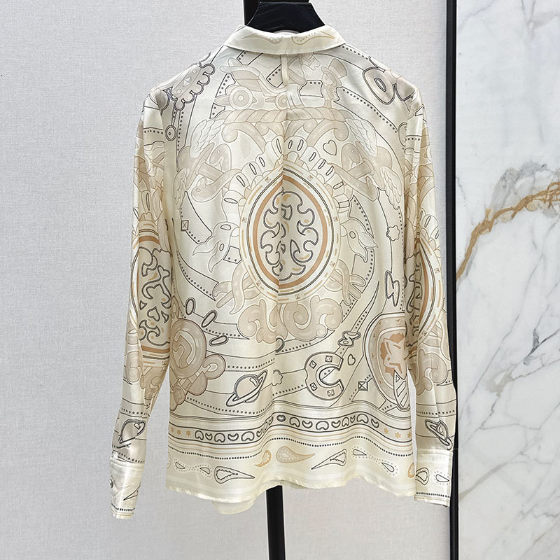 Designer Y2K Fall New Ladies Beige Printed Silk Shirt, Single-Breasted Notch Lapel H-Line Classic Blouse, Luxury Long Sleeve Clothing S0917