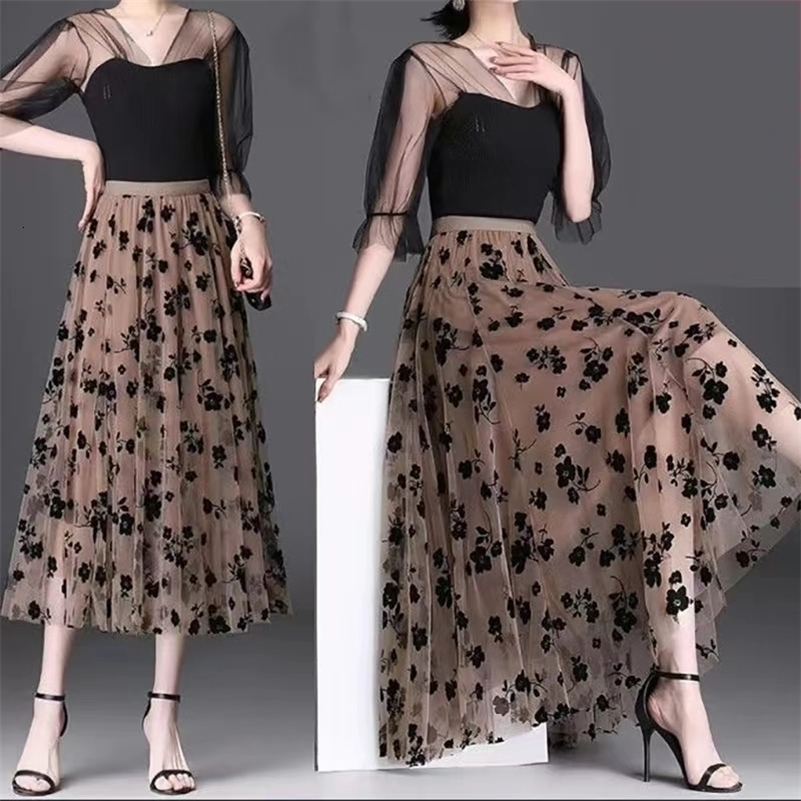 Korean Women Tulle Skirt Fashion Summer Hook Floral Loose Midi Skirt Elegant Female Casual All Match Mesh Skirts 250908