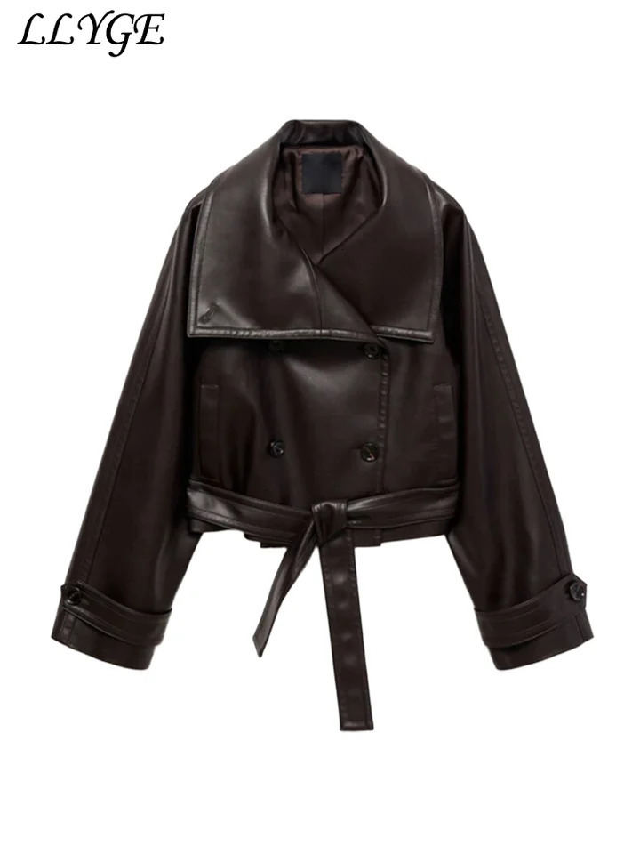 Street Womens Cropped Leather Jackets With Belt Lapel Double Breasted Pockets Long Sleeve Coat Autumn Lady Vintage Outwear 250907