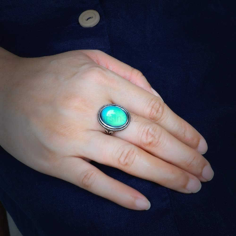 Style Antique Silver Plating Brass Oval Stone Color Change Mood Ring Size AdjustableW250908