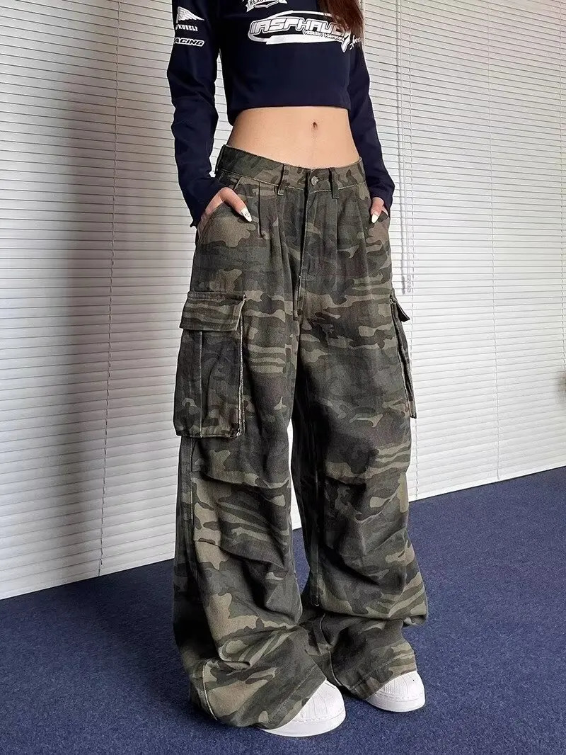 Autumn Fashion Vintage Washed Cargo Jeans for Women Y2k American Style High Waist Baggy Cargo Pants Casual Camouflage Jeans 250908