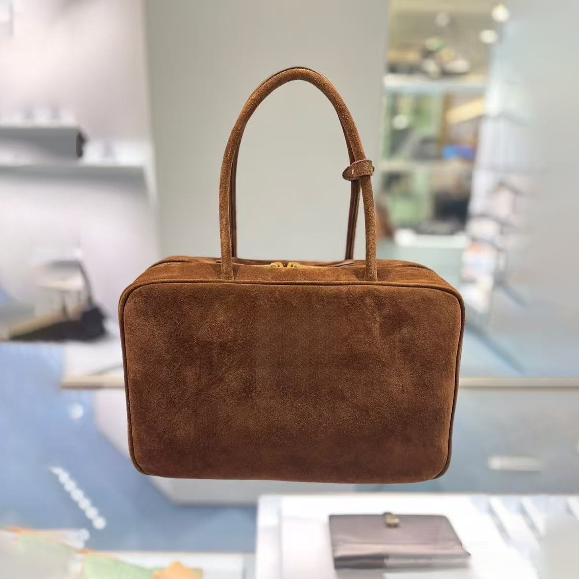 Designer Luxury Suede Bowling Tote Bag - Brown Maillard Fashion Leather Handbag, High Quality Crossbody Evening Purse for Women