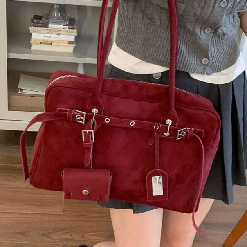 2025 New Large Capacity Vintage Style Suede Tote Bag With Belt Buckle Closure Soft Cow Leather Shoulder Handbag For Office Use