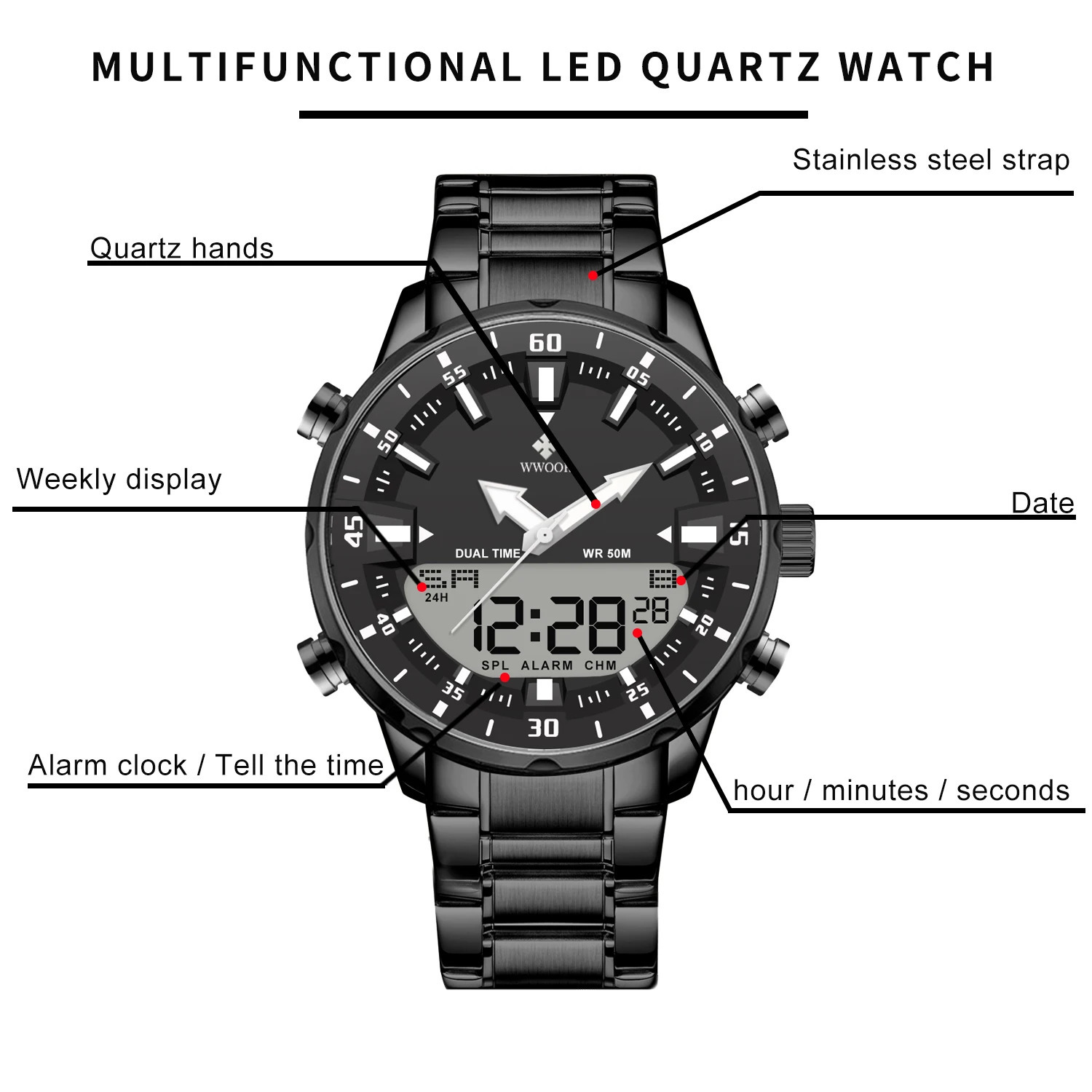 WWOOR Mens Watches Digital Sport Waterproof Steel Military Quartz Watch For Men Fashion Luminous Male Clock Reloj Hombre 250908