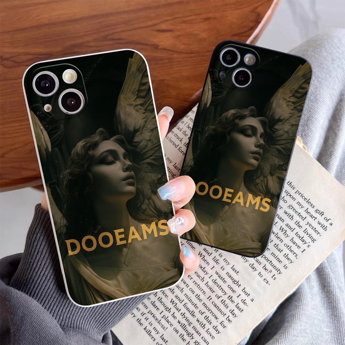 Luxury Angel Statue Design Phone Case for iPhone 11-16, Artistic Protective Cover with Golden Letters DOOEAMS, Stylish TPU Back Shell