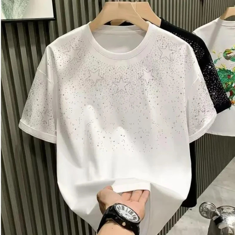 Summer Rhinestone Rivet Tshirt for Men Clothing Round Neck Casual Tshirt Fashion High Street 2025 Mens Summer Short Sleeves 250908