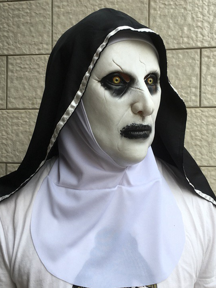 Halloween Summoning 2 Nun Mask Horror Nun Mask Cosplay Scary Bloody Demon Ghost Face Latex Masks with Headscarf Party Costume Props Deluxe Scary femal