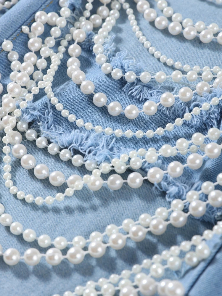 Chic Bead Hollow Out Womens Jeans Summer High Waist Zipper Slim Straight Jean Female 2025 Blue Hip Package Streetwear Lady Pant 250908