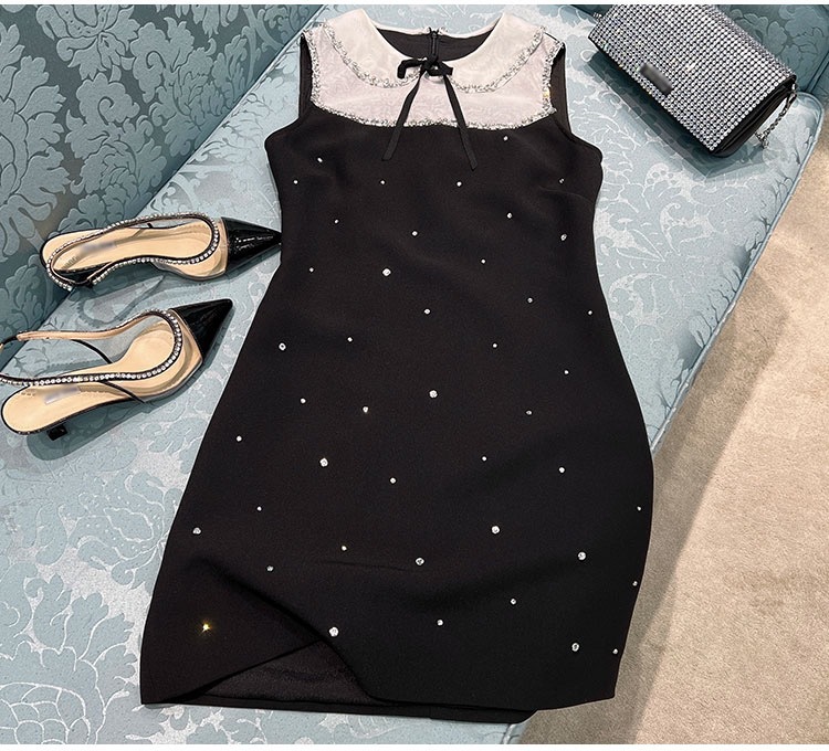 2026 Autumn Blue Solid Color Ribbon Bow Floral Dress Sleeveless Round Neck Splicing Short Casual Skirt