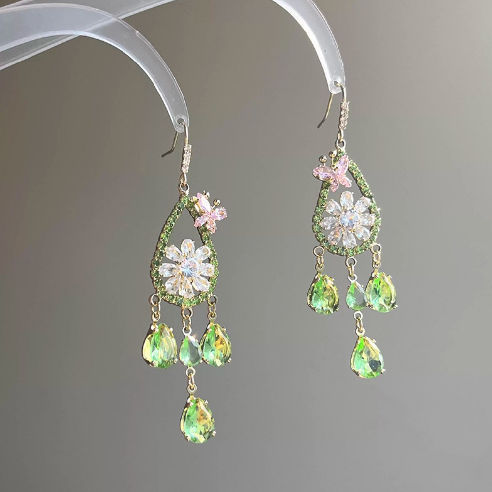 Silver Tone Purple Crystal Butterfly Floral Hook Earring With Teardrop Tassel Detail Elegant Glamorous Style Party Wear Gift For Sparkling Jewelry