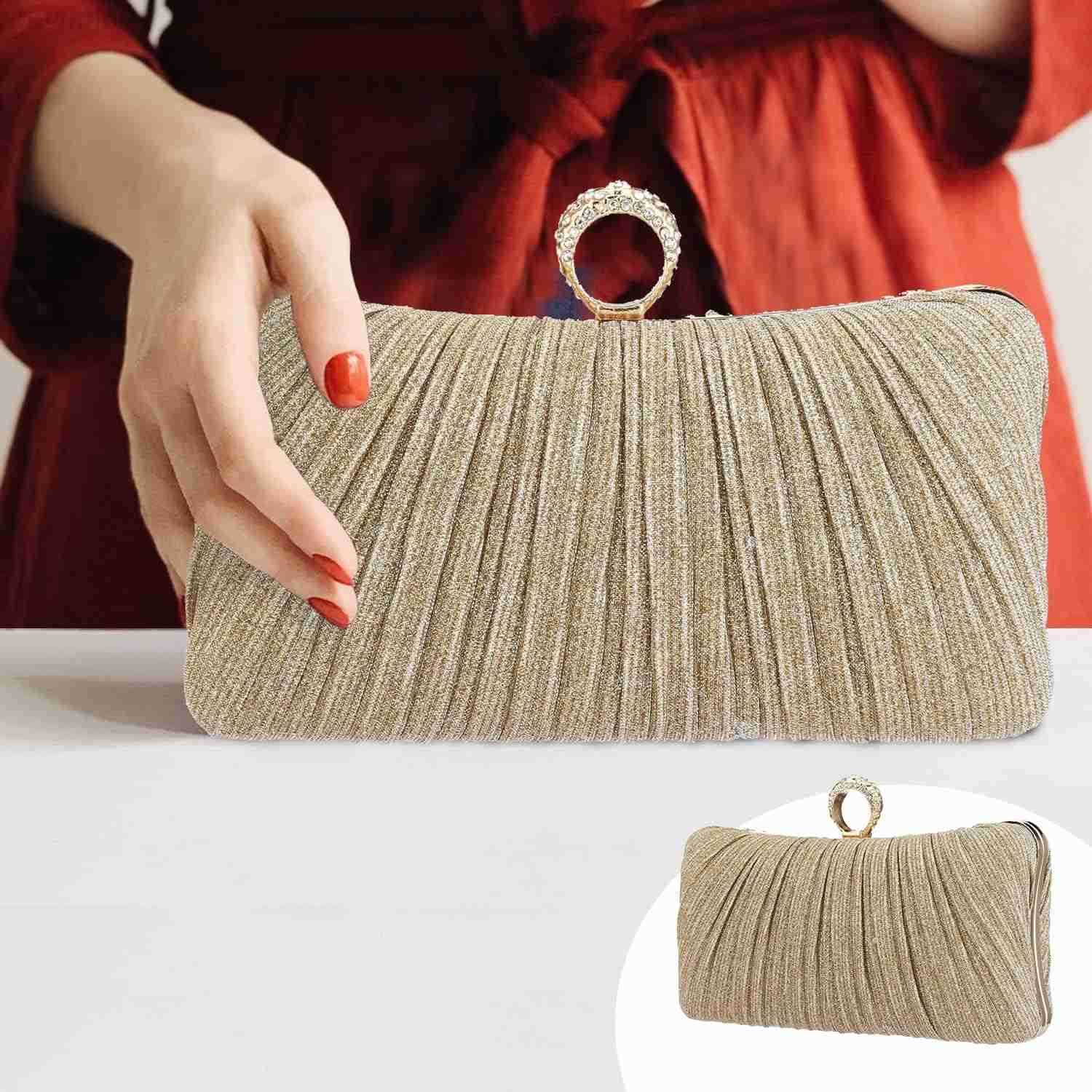 Evening Handbag Women Gold Glitter Clutch Purse Pleated Wedding Clutch for Bridal Wedding PartyW250908