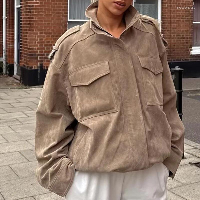 Women's Jackets Leather Zartins Coat Khaki Outwear Long Sleeve Tops 2025 With Pockets Streetwear Fashion Woman