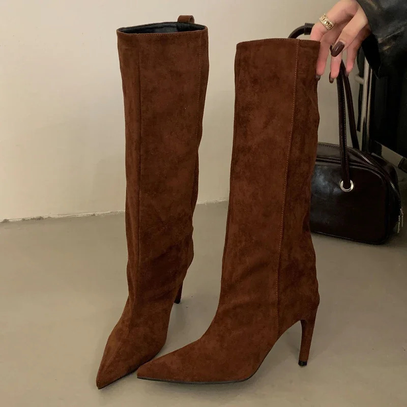 Aneikeh Concise Fashion KneeHigh Women Boots Thin Heels Shoes Female Winter Pointed Toe Long Booties Zapatos De Muje 250908