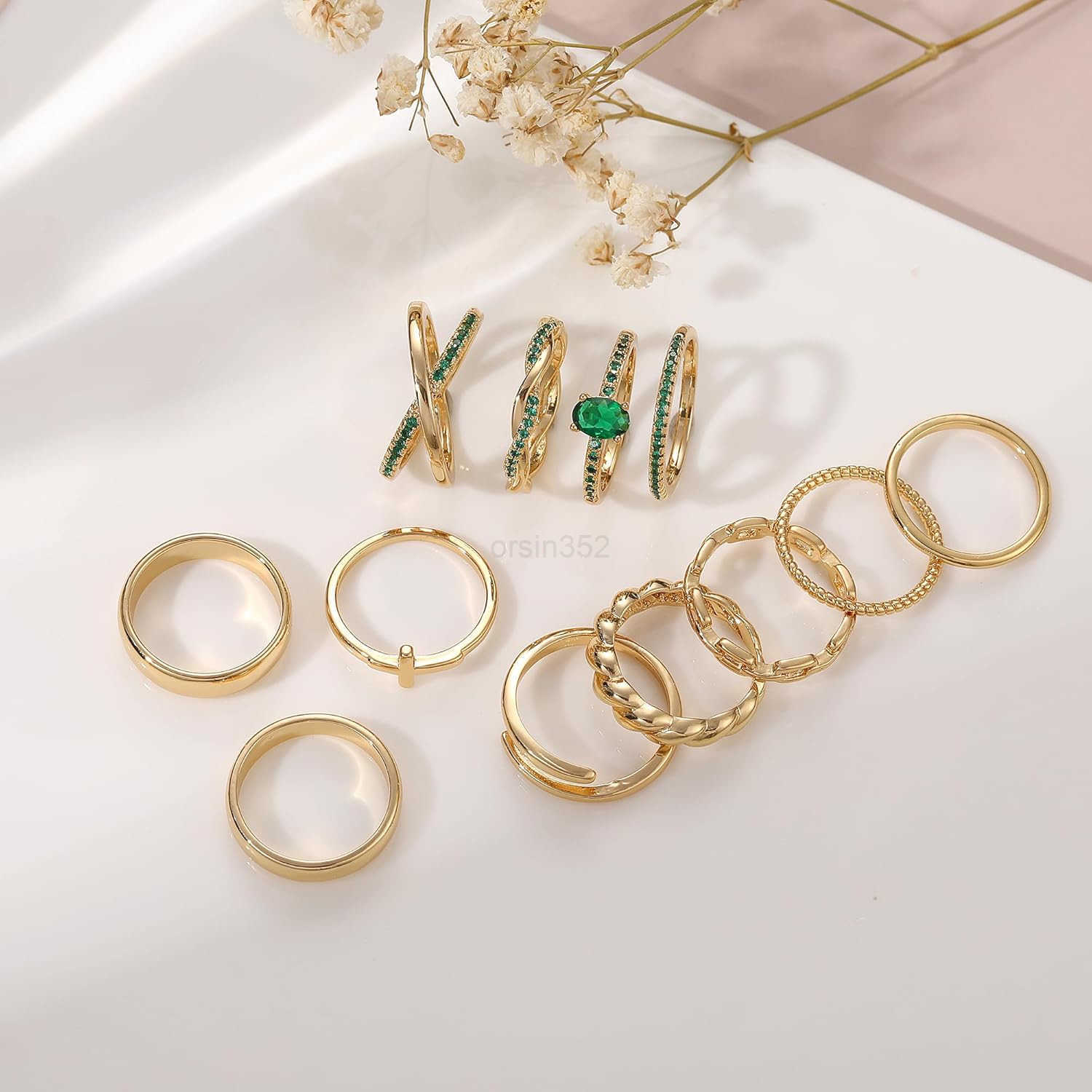 12 PCS Dainty 14K Gold Rings for Women Eternity Open Chunky Twist Simulated Diamond Criss Cross Designs Non Tarnish Gold Plated Stacking Thumb Ring Pe