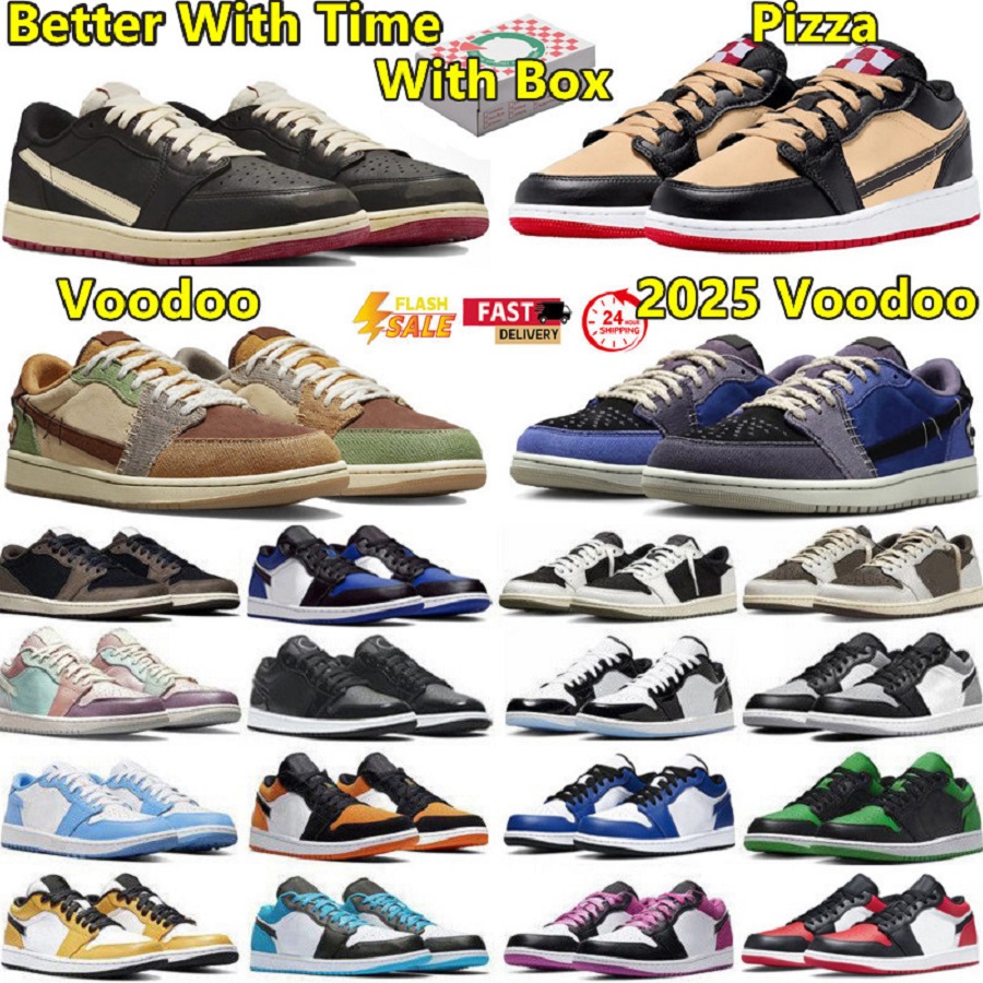 2025 with box 1 low 1s mens basketball shoes Pizza VoodooBetter With Time Shattered Backboard Cactus Jack x Red Shy Pink UNC Blue Royal men women sports sneakers GAI