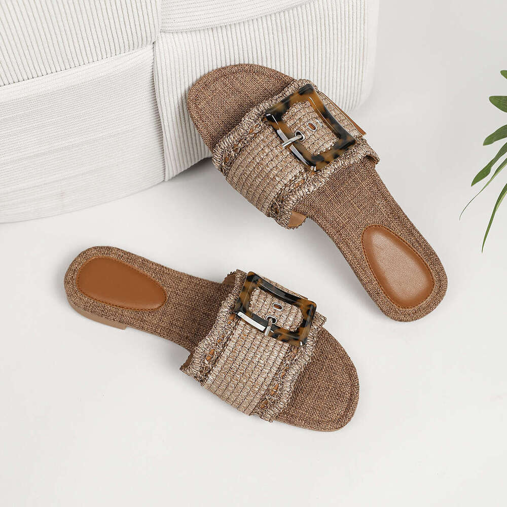 2025 Summer New Round Toe Woven Slip-On Large Size 35-43 Women's Shoes Breathable Casual Flat Sandals