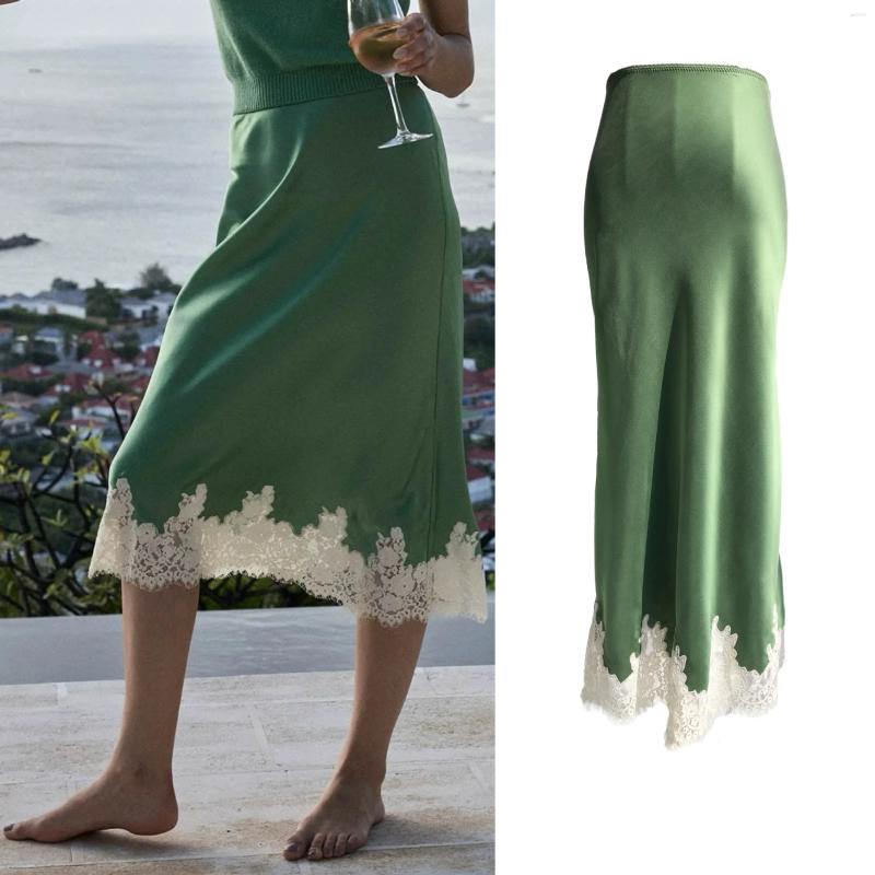 Skirts Silk Women Satin Skirt Early Autumn Elastic Waist Sexy Lace Splice Elegant Lady Trumpet Mid-Calf Jupe