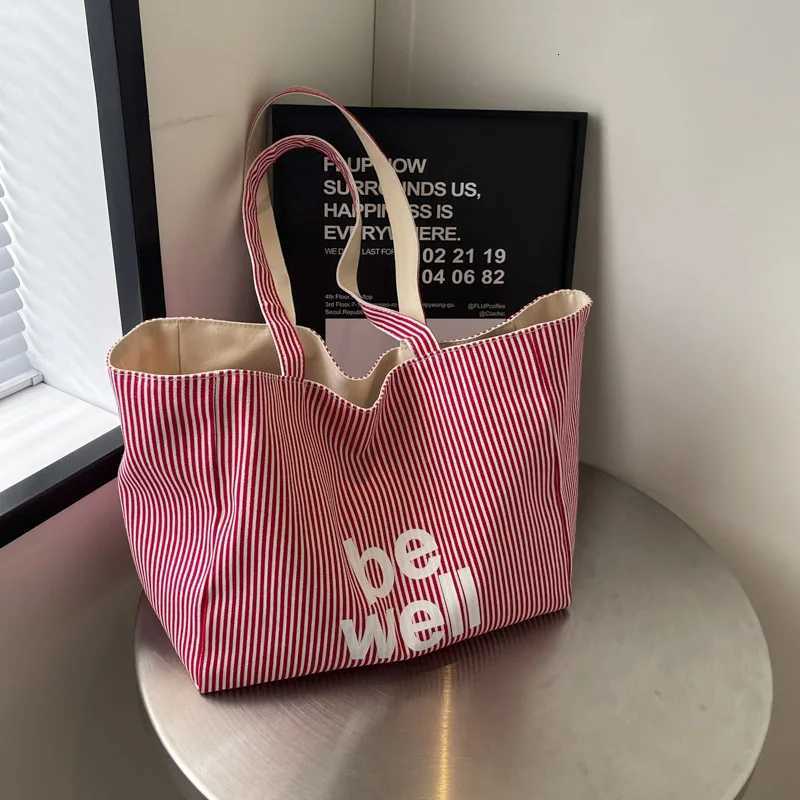 Casual Large Stripe Womens Shoulder Bag 2025 New Fashion Commuter Tote Bag High Capaci Canvas Handbag for Youth bolso mujer R250908