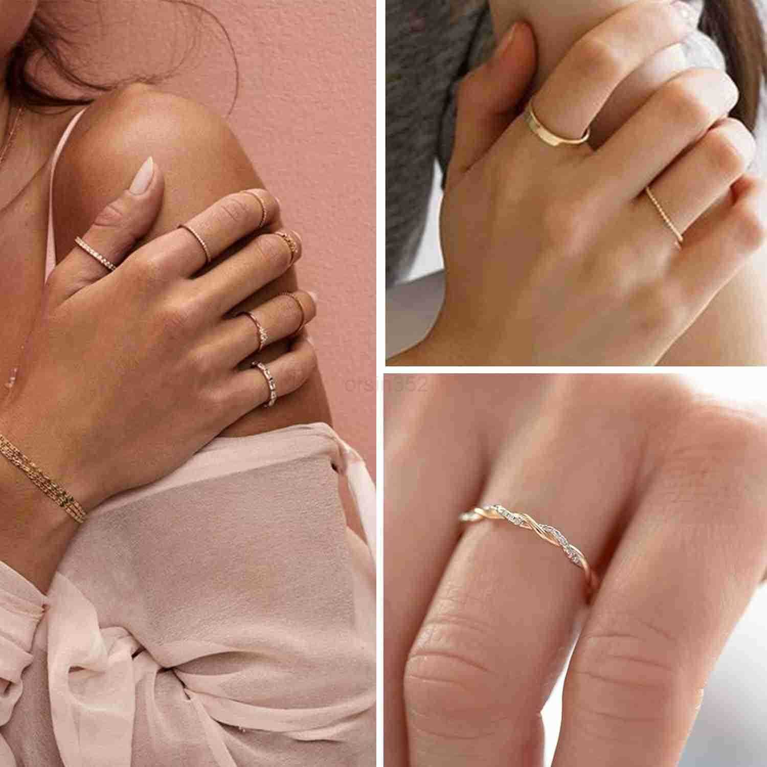 12 PCS Dainty 14K Gold Rings for Women Eternity Open Chunky Twist Simulated Diamond Criss Cross Designs Non Tarnish Gold Plated Stacking Thumb Ring Pe
