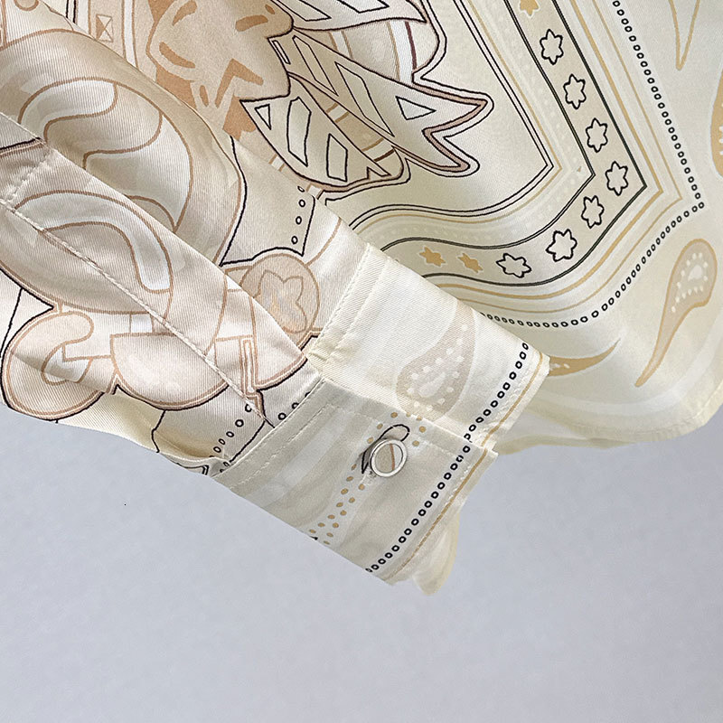 Designer Y2K Fall New Ladies Beige Printed Silk Shirt, Single-Breasted Notch Lapel H-Line Classic Blouse, Luxury Long Sleeve Clothing S0917