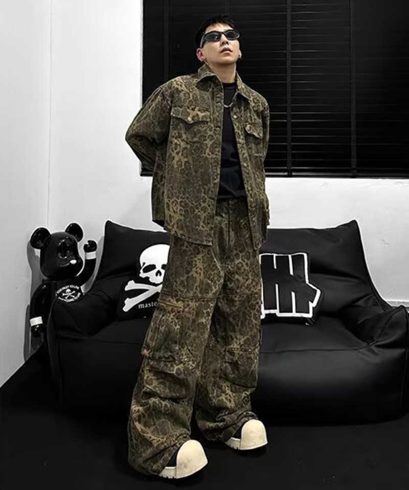 Vintage Leopard Camouflage Jeans Jacket Two Piece Y2K Suit Mens Womens Letters Patch Embroidery Oversized Coats Jeans ClothesZ250529