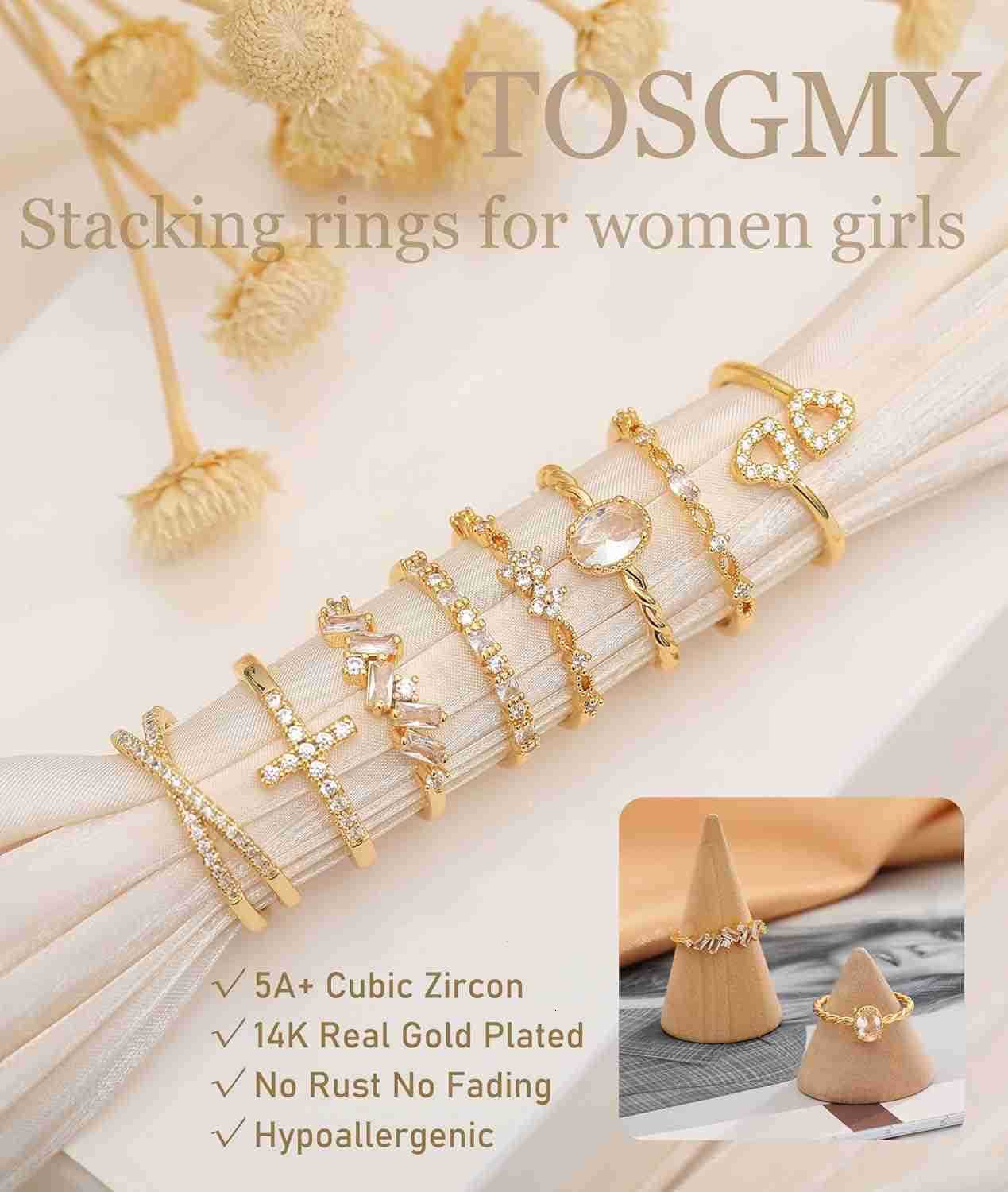 Gold Silver Rings For Women Non Tarnish Gold Plated Stackable Rings Wedding Engagement Bands Dainty 14K Gold Ring Simple Trendy Cubic Zirconia Thumb S