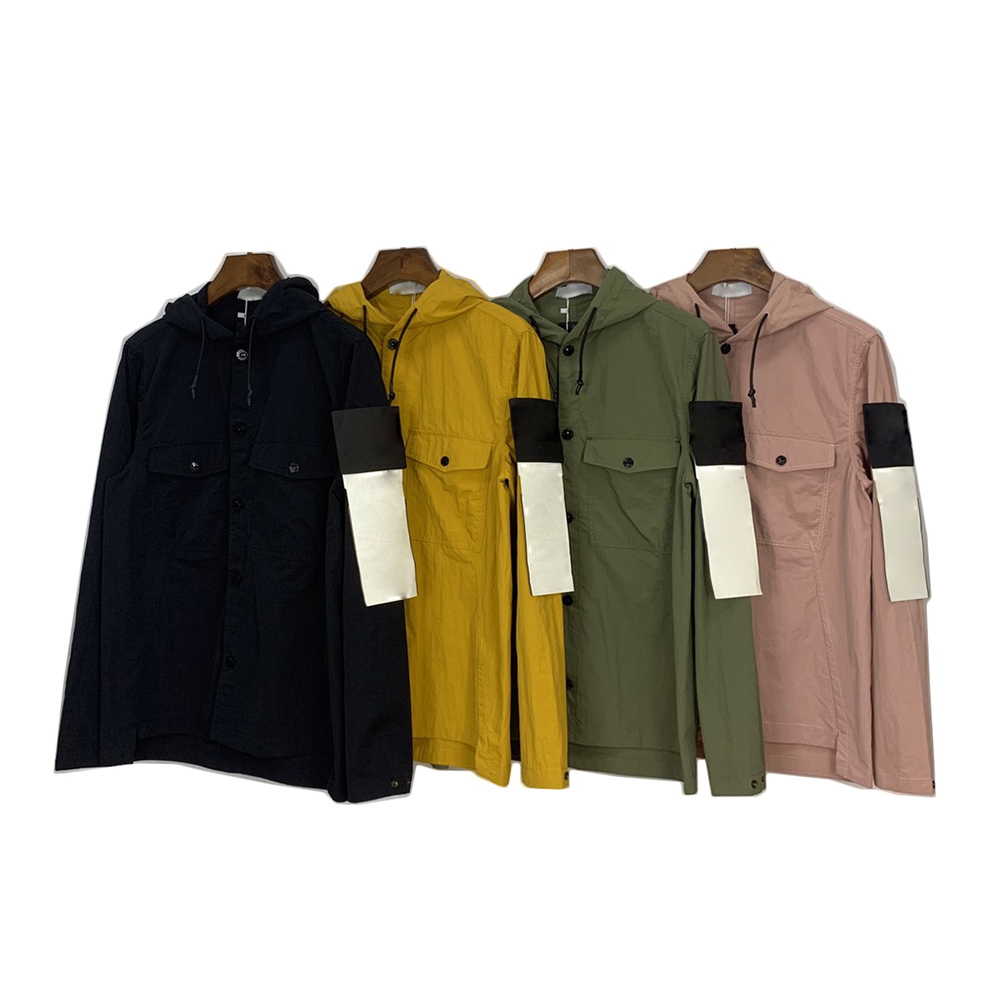 Mens Designer Jackets Hooded Embroidered Compass Badge Cotton Blending Long Shirt Pockets String Breathable for Mens Women