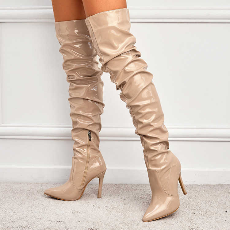 Boots autumn and winter style high-heeled long tube boots, high tube women's boots, folded and stacked over the knee boots