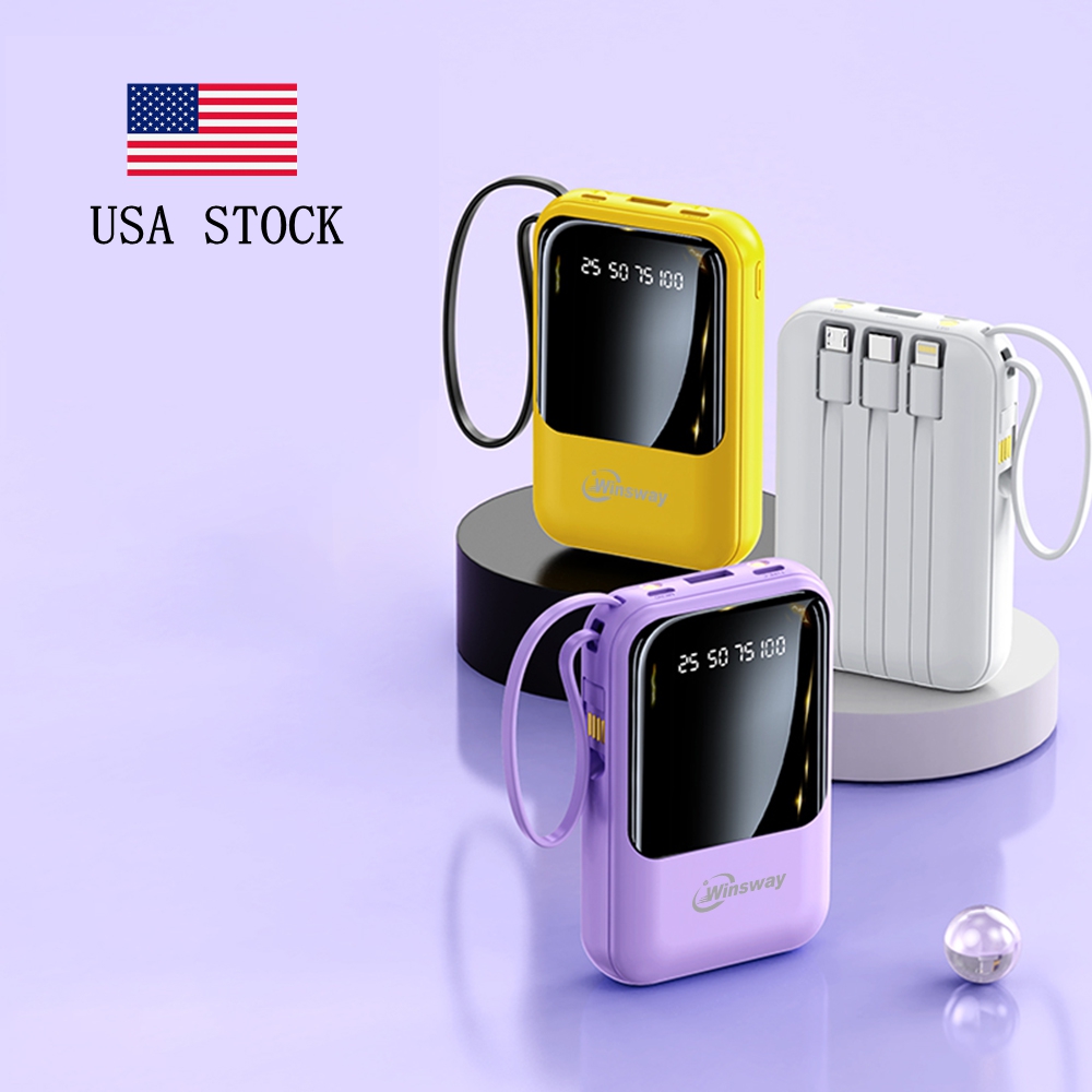 Winsway 10000mAh portable lanyard charger - fast charging portable power bank with LED display lighting, built-in cable, 4-in-1 USB C/Type-C input/out