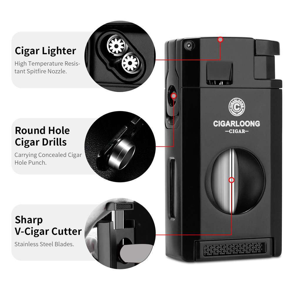 3 IN 1 Multi-functional Cigar Lighter Windproof Flame Inflatable Portable Travel V-Cutter Puncher Smoking Accessories Gift Box CLB-23LP1 W260202