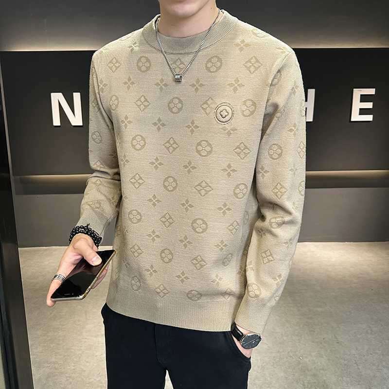 Design sense trendy warm crew neck sweater handsome versatile Korean version T-shirt slim and thin trendy men's clothing