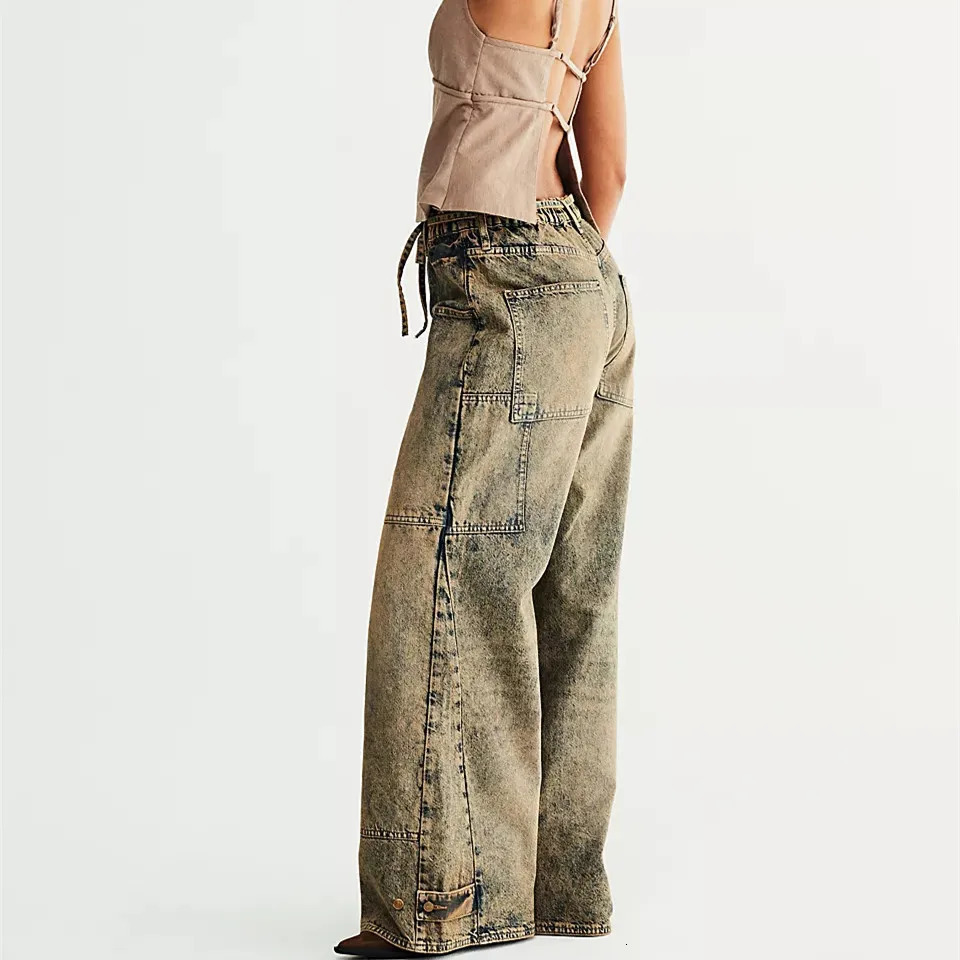 Women Fashion WideLeg Jeans Big Pockets Loose Denim Pants Spring Summer Casual Baggy Trousers Y2K Vintage Streetwear 250908