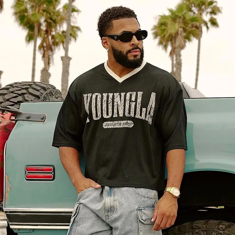 Summer YA Trendy Super Large Tshirt Men Sports Fitness Quick drying Breathable Mesh Printed Short Sleeve Top 250908