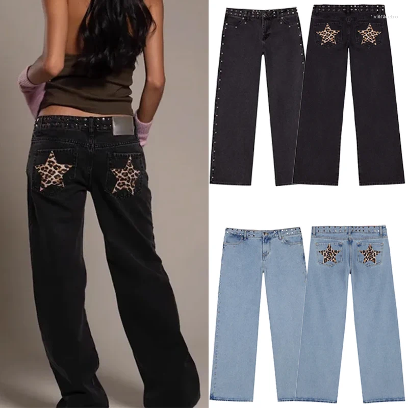 Women's Jeans Women Y2K Vintage Patchwork Leopard Star Pattern Metal Rivet Female Baggy Casual Straight Leg Pants Clothing Z260313