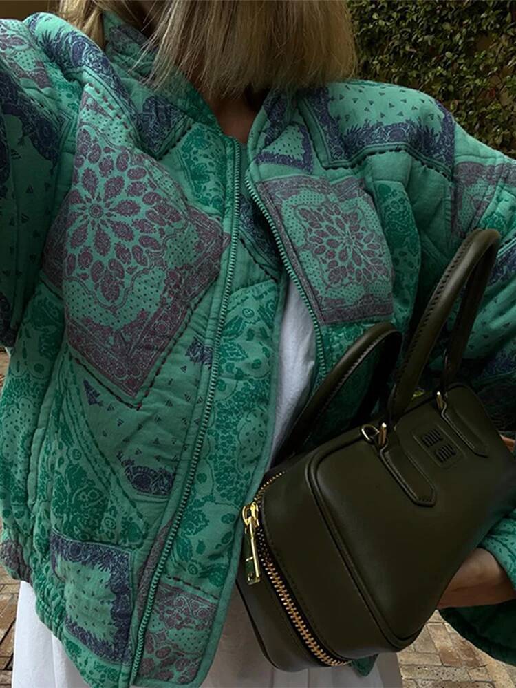 2025 Retro Green Printed Cotton Jacket Women's Stand up Collar Zipper Trendy Jacket Large Pocket Warm Jacket Autumn/Winter New design Designer Cl