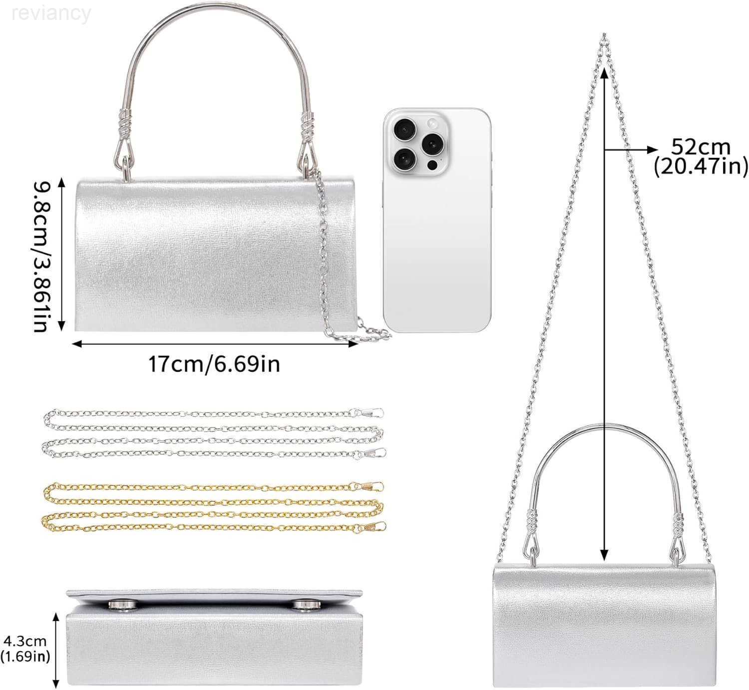 Clutch Purses for Women Elegant Metallic Silver Evening Handbags with 2 Chain Straps Fashion Vegan Leather Ladies Party Bags for Prom Wedding Cocktail