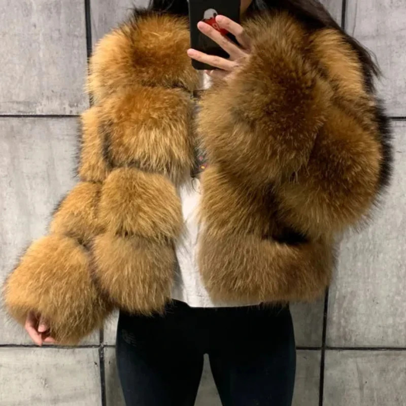 Women Raccoon Fur Jacket Autumn Winter Faux Fur Fox Coats Short Coat Jackets Furry Outerwear Elegant Thick Warm Coats 250908