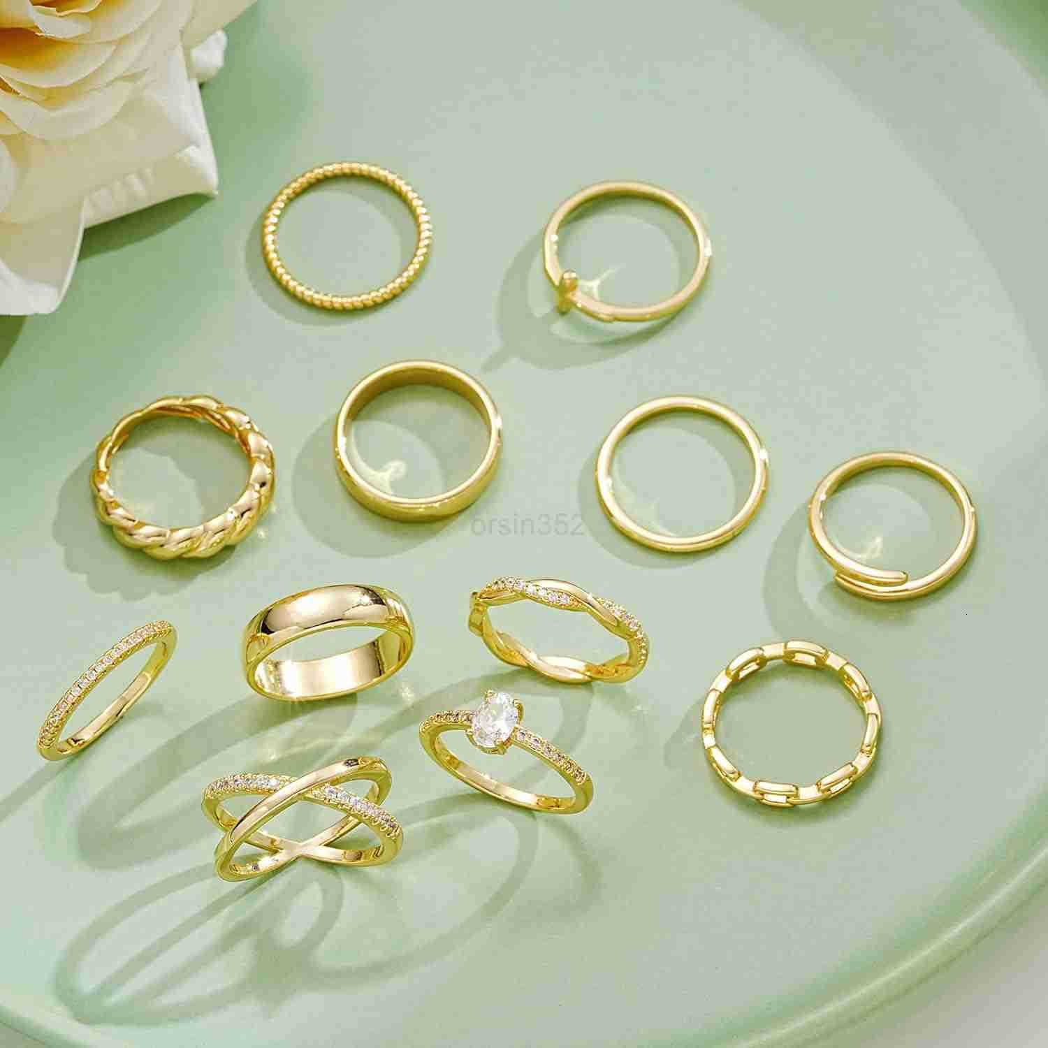 12 PCS Dainty 14K Gold Rings for Women Eternity Open Chunky Twist Simulated Diamond Criss Cross Designs Non Tarnish Gold Plated Stacking Thumb Ring Pe