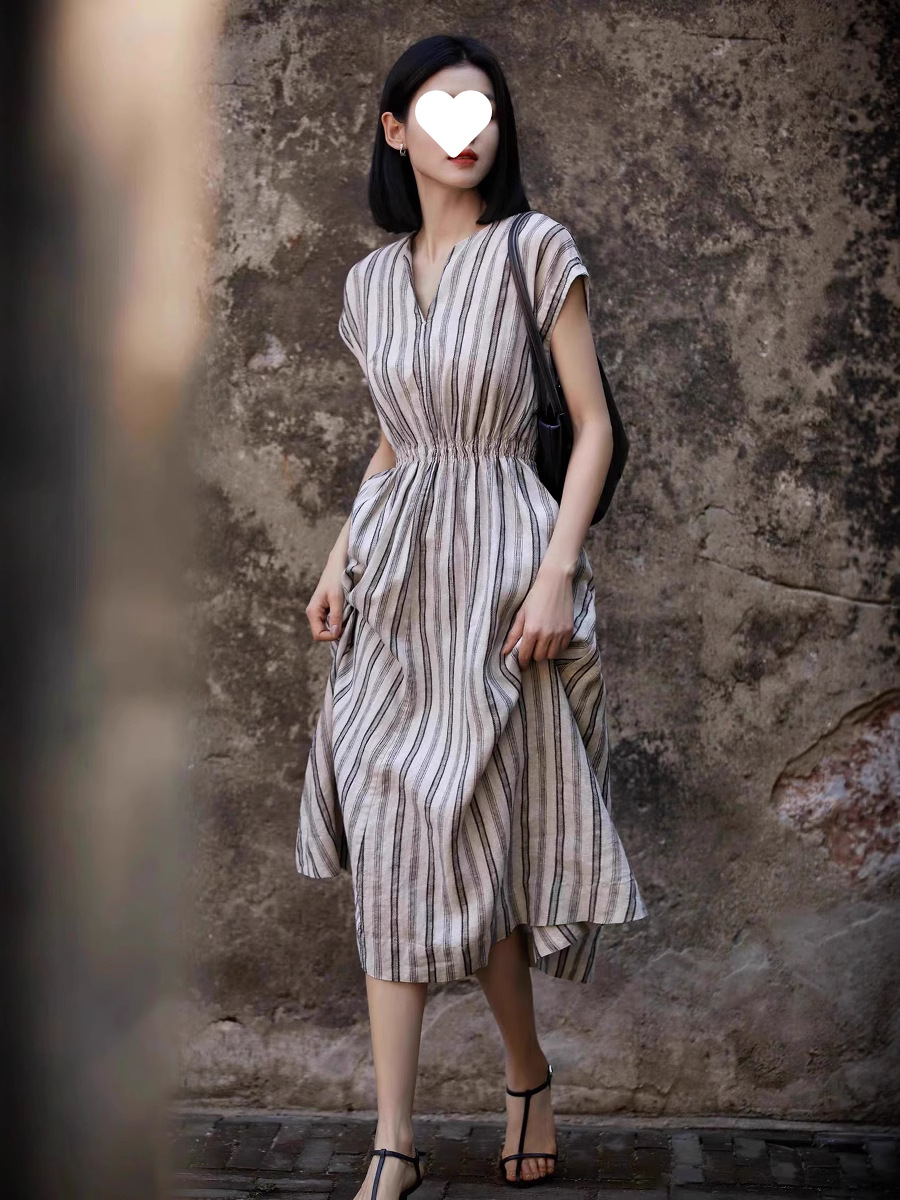 G92 Womens Linen Striped Collar - Comfortable Autumn Commuter Versatile Gray Shirt Dress C260311