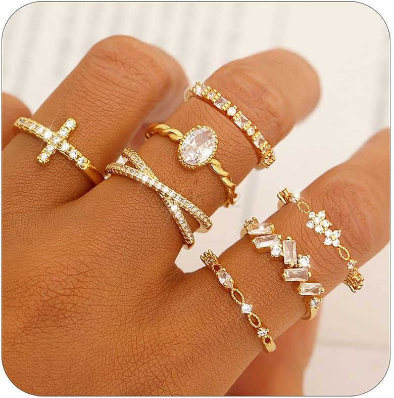 Gold Silver Rings For Women Non Tarnish Gold Plated Stackable Rings Wedding Engagement Bands Dainty 14K Gold Ring Simple Trendy Cubic Zirconia Thumb S