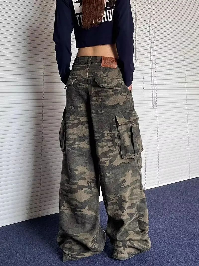 Autumn Fashion Vintage Washed Cargo Jeans for Women Y2k American Style High Waist Baggy Cargo Pants Casual Camouflage Jeans 250908