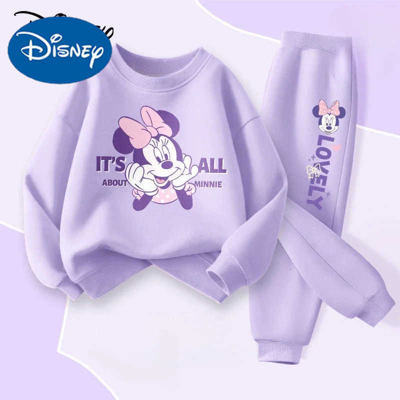 Disney 2025 Spring Autumn Childrens Clothing Sets Minnie Print Baby Girls Pullover Pant 2pcs Set Breathable Thin Kids Tracksuit H250908
