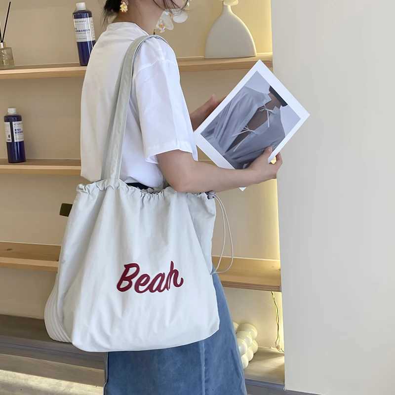 Drawstring Double Layer Shopping Bags Women Canvas Shoulder Bag Crumpled Cloth Purse Cute Beach Handbag Female Large Books Tote R250908